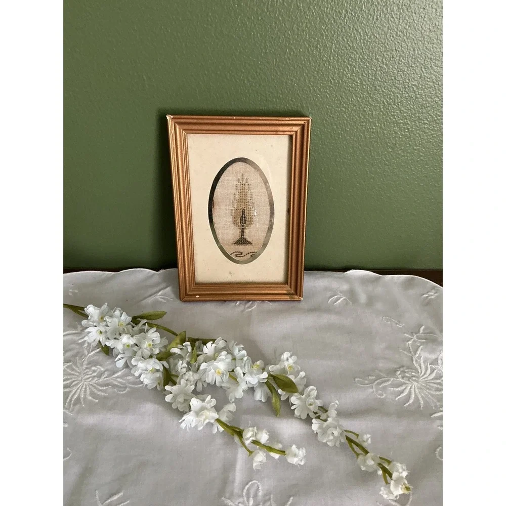 Vintage Framed Cross Stitch Embroidery Tree Candle Folk Art Gold Frame‎ Signed
